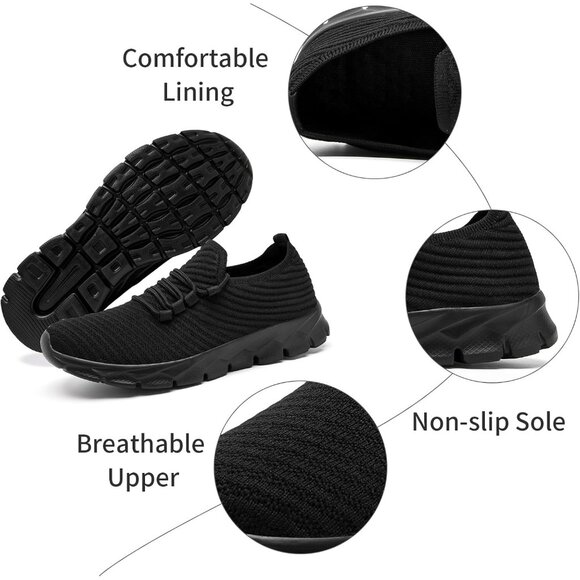 Men's Black Gym Sneaker Running Breathable Lightweight Walking Slip on Shoes - Picture 2 of 6